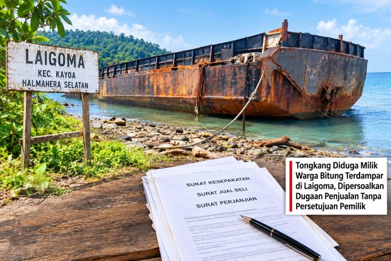 Tongkang diduga milik warga asal Kota Bitung, Sulawesi Utara, terdampar di Desa Laigoma, Kecamatan Kayoa, Kabupaten Halmahera Selatan. Sabtu, (27/09/26). Dok. Ian. 