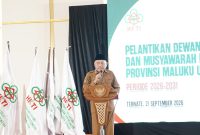 Wakil Gubernur Malut, Sarbin Sehe, memberikan sambutan pada acara pelantikan DPC dan Musda HKTI Provinsi Maluku Utara periode 2026–2031 yang berlangsung di Hotel Bella, Ternate. Senin (21/09/26). Dok. Humas ADPIM
