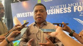 Bupati Halmahera Utara, Piet Hein Babua, saat menghadiri North Moluccas Investment Business Forum 2026 yang berlangsung di Hotel Sahid Bela, Kota Ternate, Maluku Utara,  dan di temui wartawan. Kamis (29/10/26). Dok. Agis. 